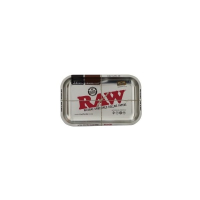 Tabuleiro metálico de fumar RAW branco com letras vermelhas e detalhes castanhos