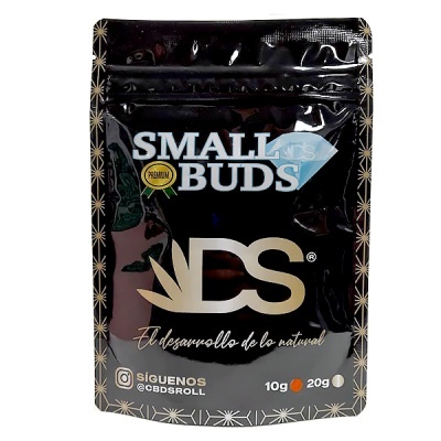 Embalagem preta de produto Small Buds DS com texto e padrão dourado