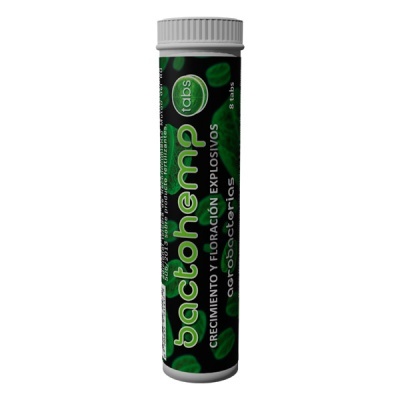 Embalagem de comprimidos Bactohemp tabs preta e branca com texto em verde