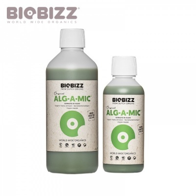 Duas garrafas plásticas BIOBIZZ ALG-A-MIC verdes e brancas com rótulos e tampas brancas.