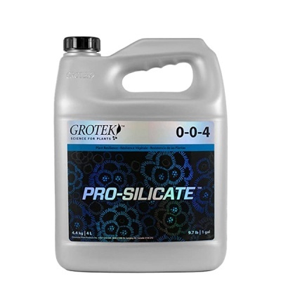Recipiente plástico cinzento com etiqueta azul e preta com texto PRO-SILICATE e GROTEK