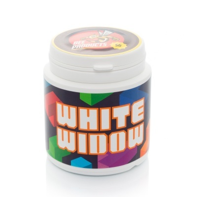 Pote de plástico branco com rótulo colorido e texto White Widow
