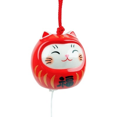 Sino de vento cerâmico vermelho e branco em forma de gato sorridente