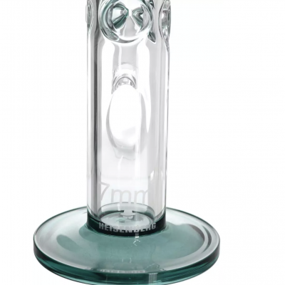 Base de vidro transparente cilíndrica com indicação 7mm na parte inferior