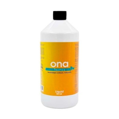 Frasco branco com tampa preta e rótulo amarelo da marca ona Tropics