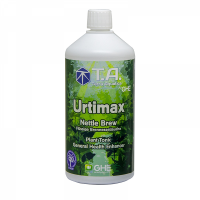 Frasco branco de Urtimax com rótulo verde e texto em inglês e alemão