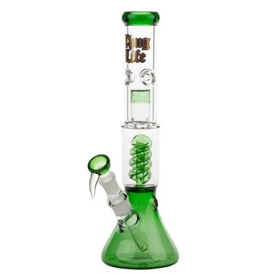 Bong de vidro verde e transparente com texto King Life e espiral interno verde