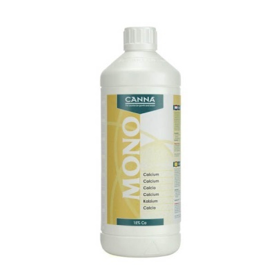 Garrafa plástica branca com rótulo amarelo e branco com texto CANNA MONO Calcium 15% Ca