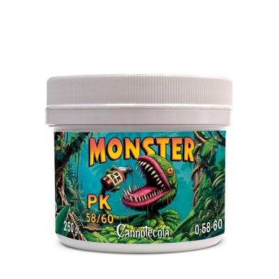 Embalagem branca com rótulo colorido de planta carnívora e texto MONSTER PK 58/60