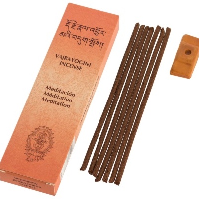 Caixa laranja de incenso VAJRAYOGINI INCENSE com seis varetas de incenso castanho escuro e suporte castanho claro