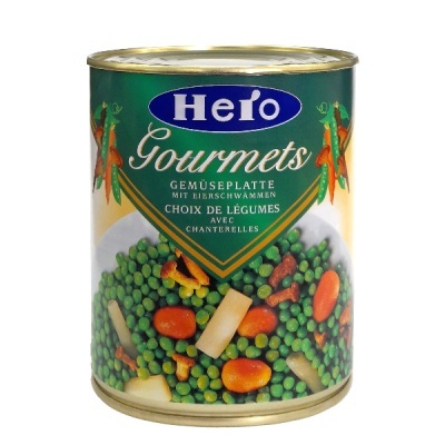 Lata de legumes Hero Gourmets com ervilhas, cenouras e cogumelos