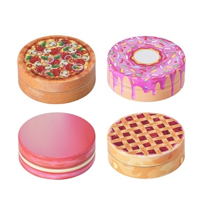 Caixas decorativas redondas com designs de pizza, donut, macaron e torta