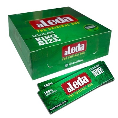 Embalagem verde de papel de enrolar aLeda com texto e logótipo destacados