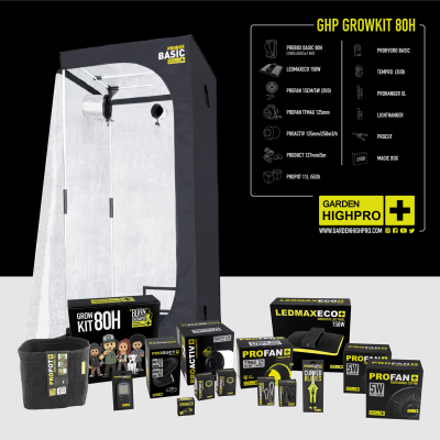 Kit de cultivo GHP Growkit 80H com tenda Probox Basic e acessórios em caixas pretas e amarelas