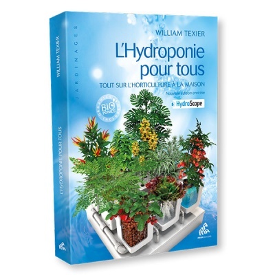 Capa de livro azul com plantas em sistema hidropónico e texto em francês