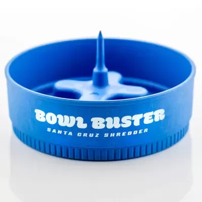 Recipiente azul de plástico com texto branco e espícula central