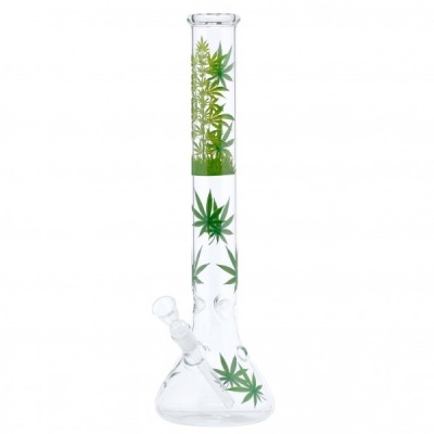 Bong de vidro transparente com folhas verdes de cannabis
