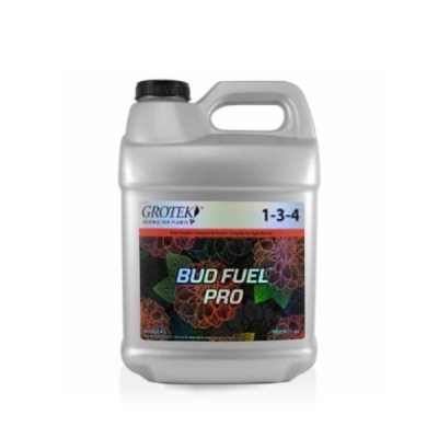Recipiente plástico cinza com etiqueta colorida e texto BUD FUEL PRO