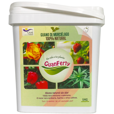 Recipiente branco de adubo natural Guano de Murciélago 5 kg com rótulo colorido
