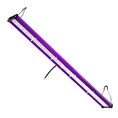 Luz LED roxa comprida com tiras brancas de LED e ganchos para pendurar