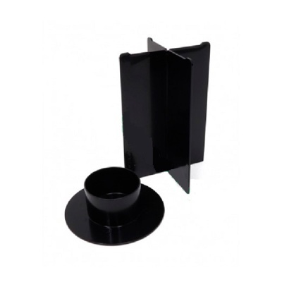 Objeto preto com base circular e suporte vertical em cruz