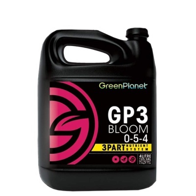 Frasco preto com etiqueta preta e rosa, texto GreenPlanet GP3 BLOOM 0-5-4.