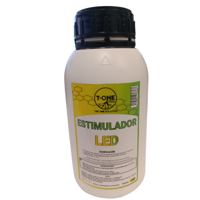 Frasco branco com tampa preta e etiqueta verde e amarela com texto ESTIMULADOR LED