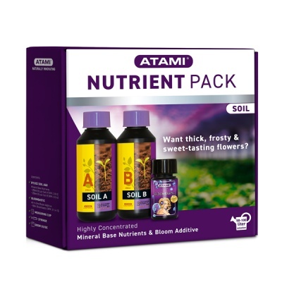Caixa de fertilizantes ATAMI Nutrient Pack Soil com três frascos e texto em inglês