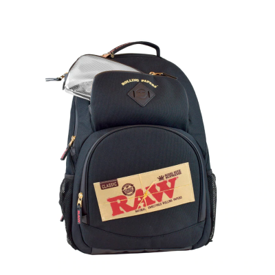 Mochila preta com texto RAW e ROLLING PAPER