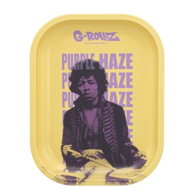 Tabuleiro amarelo com imagem roxa de músico e texto PURPLE HAZE