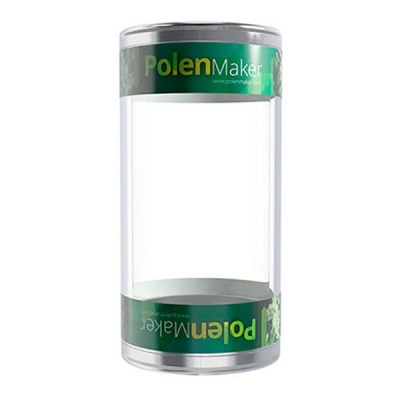 Embalagem cilíndrica transparente com rótulo verde PolenMaker