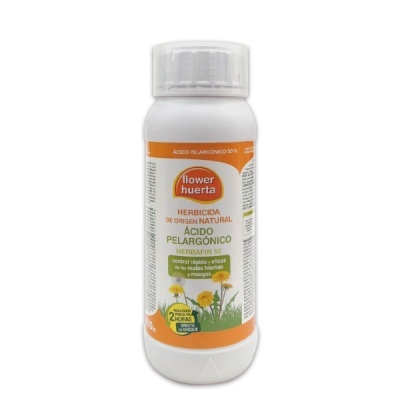 Frasco branco de herbicida Flower Huerta com rótulo laranja e verde, flores amarelas e texto em espanhol.