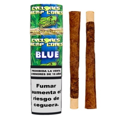 Embalagem azul de cones de cânhamo Cyclones Hemp Cones com dois cones castanhos ao lado