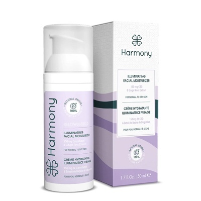 Creme hidratante facial Harmony embalagem branca e lilás com texto