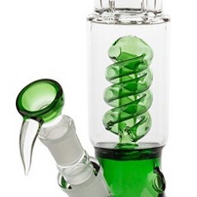 Bong de vidro transparente com detalhes verdes e espiral central