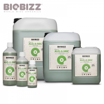 Conjunto de recipientes BIOBIZZ ALG-A-MIC de vários tamanhos.