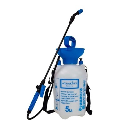Pulverizador de pressão plástico branco e azul 5 litros com alça preta e bico ajustável