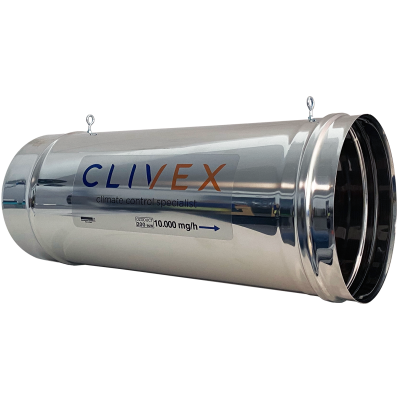 Tubo metálico cilíndrico prateado com etiqueta CLIVEX e texto técnico.