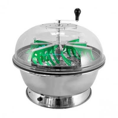 Máquina para lavar e secar alfaces de metal prateado com tampa transparente e manivela