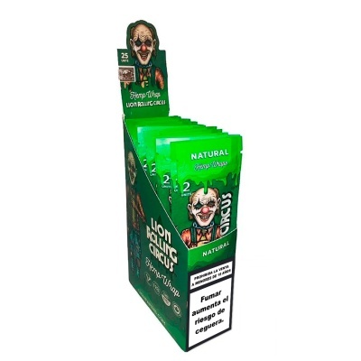 Expositor verde com pacotes verdes Lion Rolling Circus Hemp Wrap com palhaço e textos em espanhol