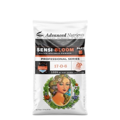 Saco branco de adubo em pó Advanced Nutrients Sensi Bloom Parte B com imagem de mulher e flores