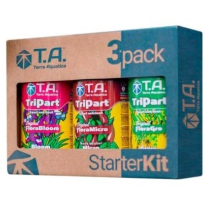 Conjunto de três fertilizantes líquidos Tripart em caixa de cartão com rótulos vermelhos, amarelos e verdes.
