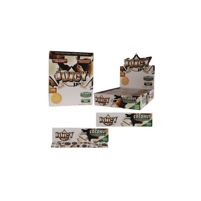 Papel de enrolar Juicy Jay's sabor Côco em embalagens brancas com desenhos de café
