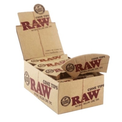 Caixa com pacotes RAW Cone Tips, castanhos com texto vermelho e preto