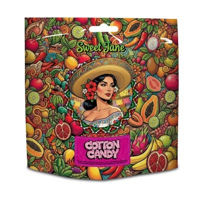 Embalagem colorida com mulher ilustrada e frutas