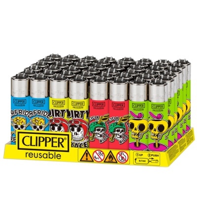 Clippers reutilizáveis coloridos com desenhos de caveiras numa caixa amarela