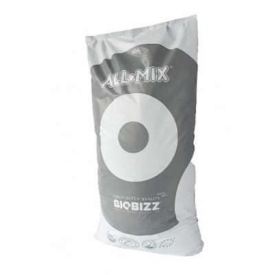 Saco branco e cinzento de substrato ALL-MIX da BioBizz com texto e ícones