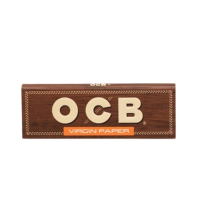 Embalagem OCB Virgin Paper castanha com letras grandes e retângulo laranja
