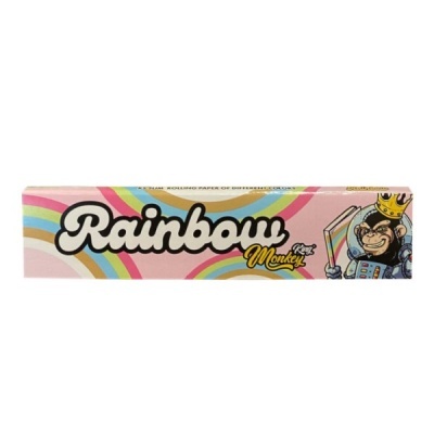 Embalagem rosa para papel de enrolar com arco-íris, texto Rainbow King Monkey e macaco com coroa.