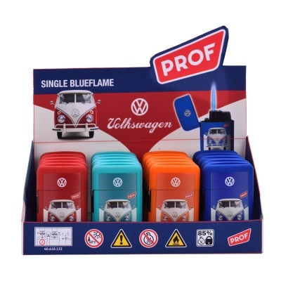 Caixa de isqueiros PROF com desenho de autocarro Volkswagen em várias cores num expositor.